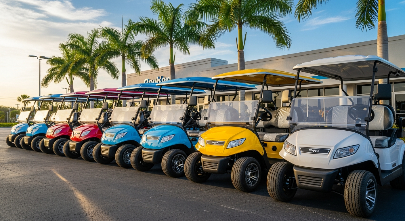 Row of new street-legal golf carts for sale at a sunny Florida dealership lot