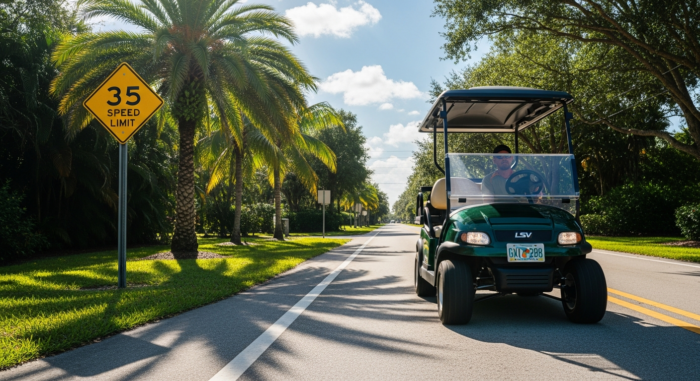 street legal golf cart with lights and plate on a 35 mph Florida road